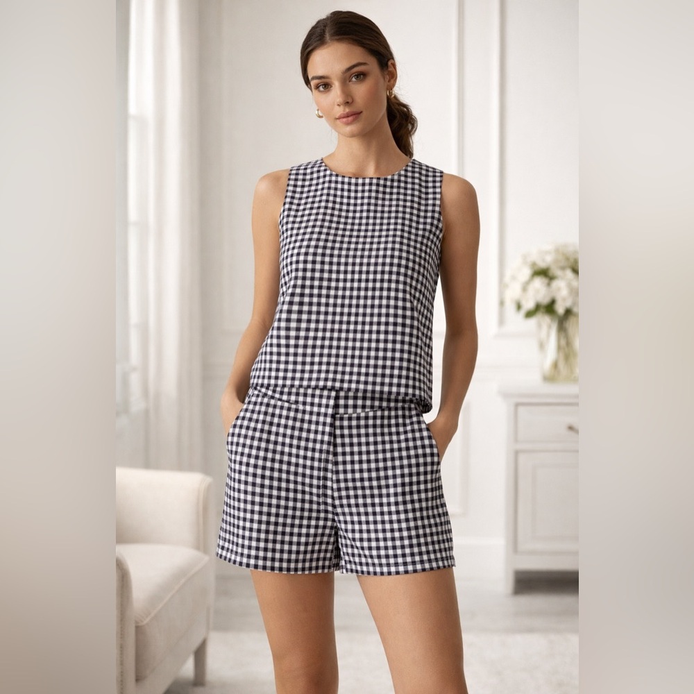 Jules & Leopold Gingham Matching Set Black White Preppy Shorts Set Stretch Sz XS
